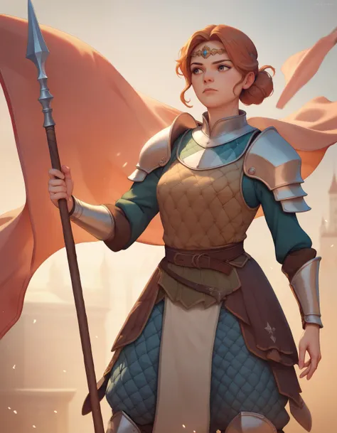 score_9, score_8_up, score_7_up, score_6_up, score_5_up, score_4_up, fantasy, illustration, 1girl, female warrior, medium breasts, (padded pattern tunic:1.1), small breastplate, neck guard, armored pants, circlet, holding spear with flag attached, <lora:ArtgermXL:1>