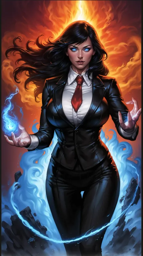 score_9, score_8_up, score_7_up, 1girl, beautiful woman woman in a suit black suit, long red tie, blue eyes, detailed eyes, black lips, long black hair, (arcane magic all around her. dark magic:1.1), (huge breasts:1.1), (hourglass figure, wide hips:1.2), detailed face, magic background, concept art, digital art, realistic, wide shot, depth of field, bokeh, macro, sharp focus, <lora:Aura_P1:0.8> blue Aura, energy, glowing, swirling energy, dynamic pose, <lora:Pony_DetailV1.0:1> <lora:add-detail-xl:1> <lora:ArtgermLycoXL:0.7> <lora:c0rb3nXLP:0.6> c0rb3n <lora:detailed_hands:1> hand