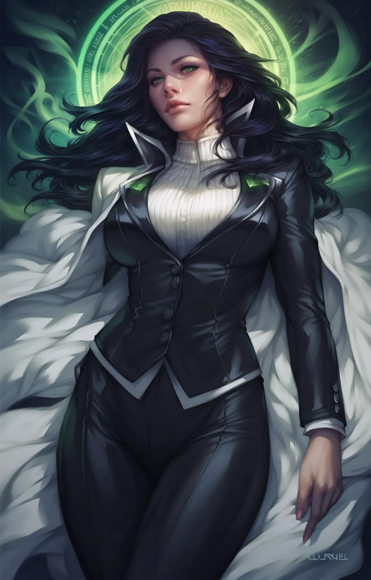 score_9, score_8_up, score_7_up, 1girl, beautiful woman woman in a suit black suit, green eyes, detailed eyes, long black hair, arcane magic coming from her hands, huge breasts, detailed face, concept art, digital art, realistic, wide shot,<lora:Pony_DetailV1.0:1> <lora:add-detail-xl:1> <lora:ArtgermLycoXL:1>