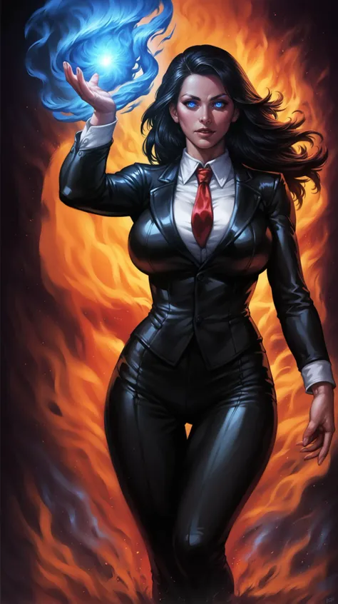 score_9, score_8_up, score_7_up, 1girl, beautiful woman woman in a suit black suit, long red tie, blue eyes, detailed eyes, black lips, long black hair, (arcane magic all around her. dark magic:1.1), (huge breasts:1.1), (hourglass figure, wide hips:1.2), detailed face, magic background, concept art, digital art, realistic, wide shot, depth of field, bokeh, macro, sharp focus, <lora:Aura_P1:0.8> blue Aura, energy, glowing, swirling energy, dynamic pose, <lora:Pony_DetailV1.0:1> <lora:add-detail-xl:1> <lora:ArtgermLycoXL:0.7> <lora:c0rb3nXLP:0.6> c0rb3n <lora:detailed_hands:1> hand