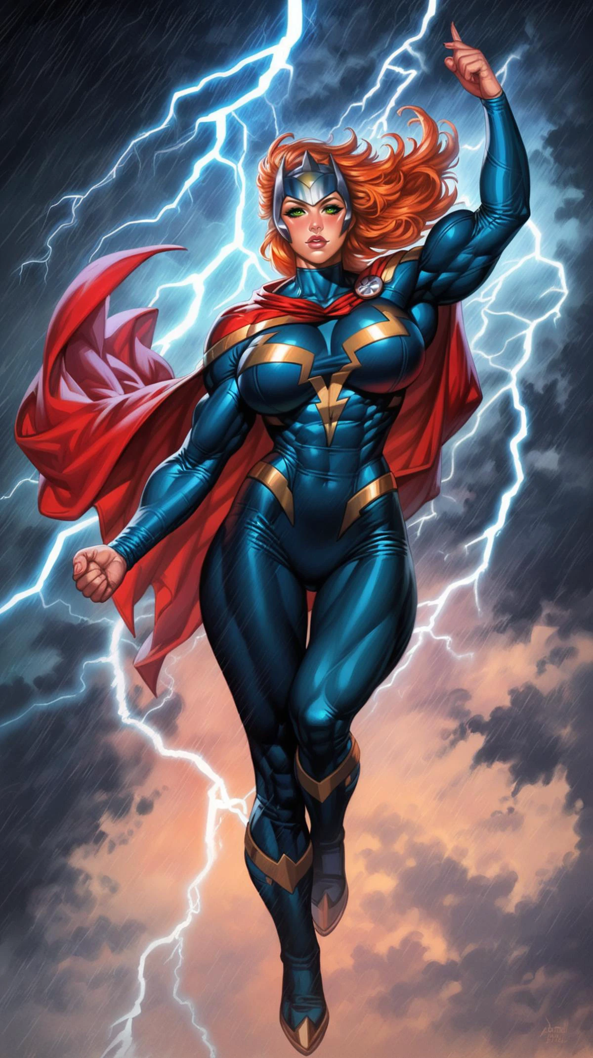 score_9, score_8_up, score_7_up, female superhero in a red cape, beautiful face green eyes, (orange hair:1.2), (helmet:1.2), large biceps, superhero bodysuit, blue white and red superhero suit, flying in the sky, lightning storm in the background, red cape on her back, (big breasts:1.1), storm,lightning all around around, character design, concept art, detailed face, high Detail, Sharp focus, dramatic, (full body shot:1.2), huge breasts, wide hips, slim waist, solo <lora:ArtgermLycoXL:0.5> <lora:c0rb3nXLP:0.8> c0rb3n <lora:detailed_hands:1> hands, lightning in her hands