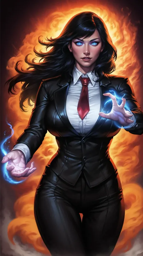 score_9, score_8_up, score_7_up, 1girl, beautiful woman woman in a suit black suit, long red tie, blue eyes, detailed eyes, black lips, long black hair, (arcane magic all around her. dark magic:1.1), (huge breasts:1.1), (hourglass figure, wide hips:1.2), detailed face, magic background, concept art, digital art, realistic, wide shot, depth of field, bokeh, macro, sharp focus, <lora:Aura_P1:0.8> blue Aura, energy, glowing, swirling energy, dynamic pose, <lora:Pony_DetailV1.0:1> <lora:add-detail-xl:1> <lora:ArtgermLycoXL:0.7> <lora:c0rb3nXLP:0.6> c0rb3n <lora:detailed_hands:1> hand