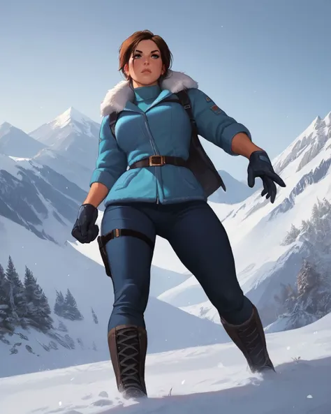 score_9, score_8_up, score_7_up, score_6_up, score_5_up, score_4_up, rating_safe, action shot, adventure, adamhughesstyle, minkostyle BREAK lara croft climbing a mountain in winter, dark blue hip_length winter coat, black winter pants, winter gloves, cowboy_shot, realistic hyperdetailed photograph, delicate facial features, tan, thick thighs wide hips <lora:ArtgermXL:0.5> <lora:IncaseLycoXL:0.4> <lora:Minko_PDXL:0.5><lora:ICKPOTLycoXL:0.6> <lora:Lilandava_PDXL:0.5>