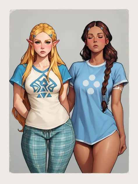 score_9, score_8_up, score_8, rating_safe, traditional art, 2girls, thick thighs, wide hips, adamhughesstyle, minkostyle, realistic
ADDCOMM Zelda from breath of the wild, loose untucked t-shirt, plaid pajama bottoms
ADDCOL Katara, loose untucked t-shirt, pajama bottoms, dark skin <lora:ArtgermXL:0.5> <lora:IncaseLycoXL:0.4> <lora:Minko_PDXL:0.5><lora:ICKPOTLycoXL:0.6> <lora:Lilandava_PDXL:0.5>