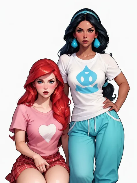 score_9, score_8_up, score_8, rating_safe, traditional art, 2girls, thick thighs, wide hips, adamhughesstyle, minkostyle, realistic disney princess Ariel, loose untucked pink t-shirt, plaid pajama bottoms <lora:ArtgermXL:0.5> <lora:IncaseLycoXL:0.4> <lora:Minko_PDXL:0.5><lora:ICKPOTLycoXL:0.6> <lora:DIsney_Princesses_PONY_EDIT_by_Foxie_Queen:0.4> <lora:Lilandava_PDXL:0.5>