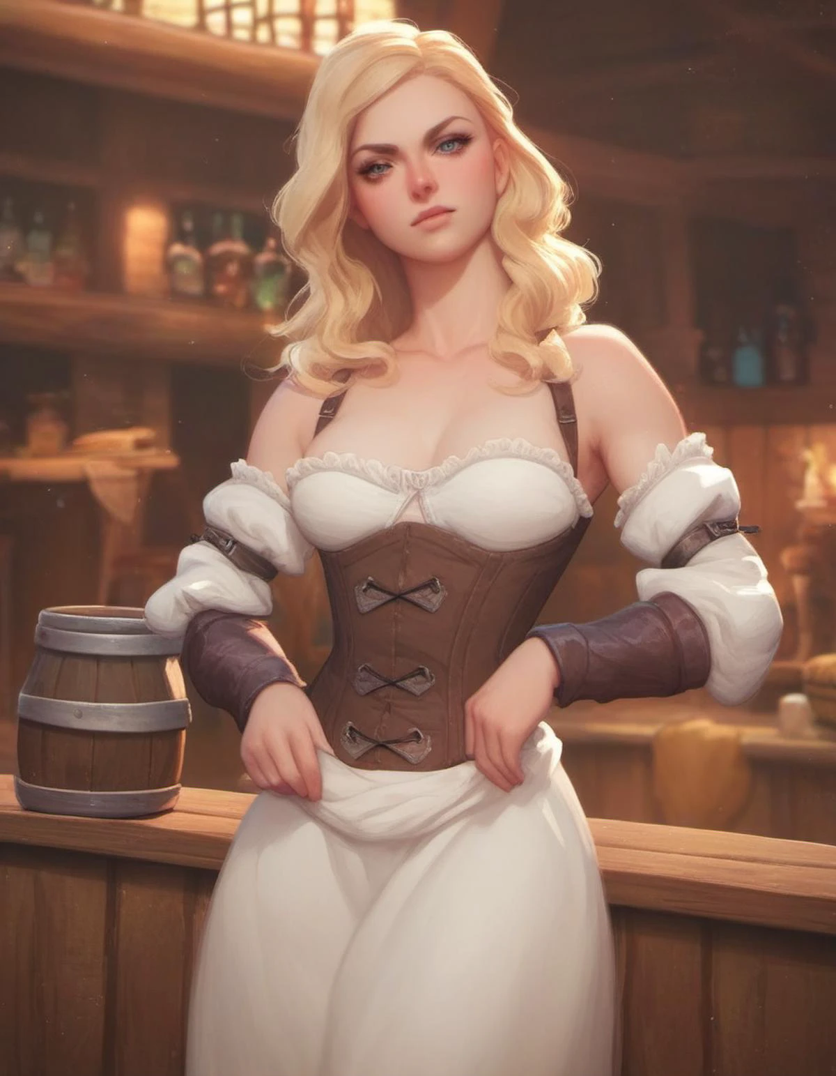 medieval fantasy barmaid standing at bar in tavern looking at viewer, corset, blonde hair, medium_breasts, score_9, score_8_up
<lora:ArtgermXL:1>