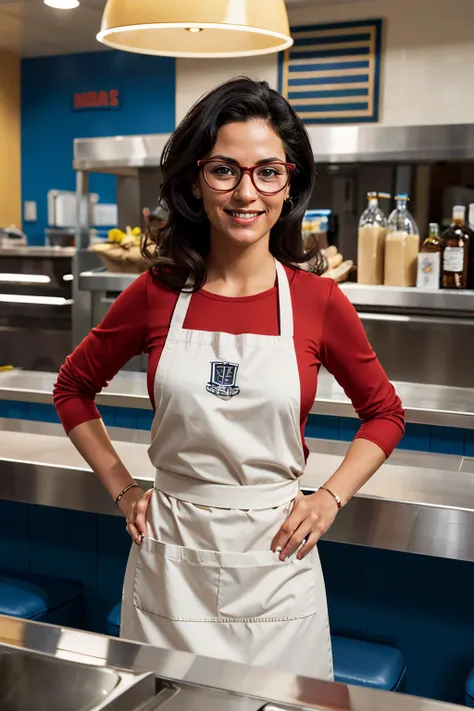linda, black hair, black eyes, red-framed eyewear, red shirt, jeans, white apron, looking at viewer, smiling, standing, inside diner, counter, hands on hips, bright lighting, high quality, masterpiece, <lora:lindaBB1.0:.7>