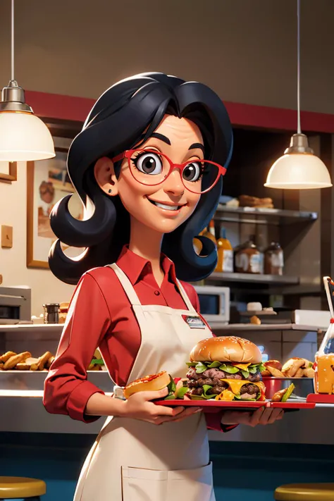 linda, black hair, black eyes, red-framed eyewear, red shirt, long sleeves, jeans, white apron, looking at viewer, smiling, standing, inside diner, counter, holding tray of food, hamburgers, bright lighting, high quality, masterpiece, <lora:lindaBB1.0:.7>