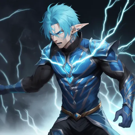 male, elf, glowing blue tattoos, chest, warlock, lightning, static, electricity, glowing eyes, aggressive, combative, dynamic pose,, (masterpiece), (best quality), (ultra-detailed)