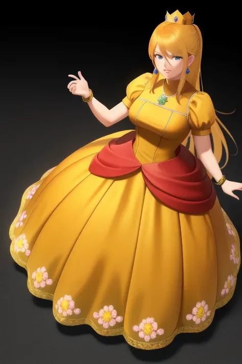 professional detailed (full body) photo, (samus aran) dressed in (puffy yellow and orange daisydress), (long straight blonde hair), (puffy short sleeves, jewelry, dress, princess crown, flower brooch), masterpiece, best quality, 1girl, (perfect face, beautiful face, symmetric face),
(8k, RAW photo, photo-realistic, masterpiece, best quality, absurdres, incredibly absurdres, huge filesize, extremely detailed, High quality texture, physically-based rendering, Ray tracing)