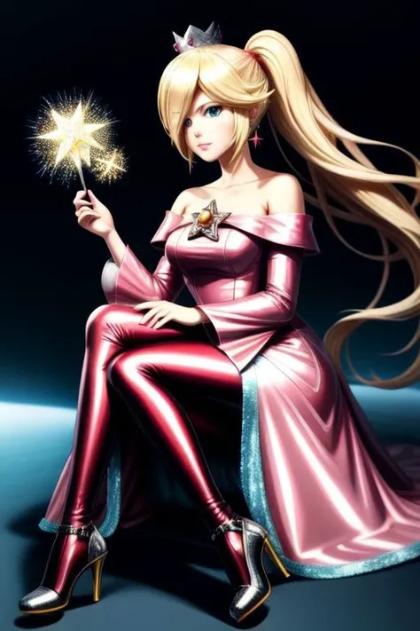 professional detailed photo, (samus aran:1.2) dressed in (latex (Rosalina off-the-shoulder pink dress:1.2), (long straight blonde hair), (jewelry, pink off-the-shoulder dress, princess crown, jewel brooch, long wide sleeves), (perfect face, beautiful face, symmetric face), (shiny glossy translucent clothing, gleaming oily latex fabric :1.1), (sparkles, sparkling hair, sparkling clothes, sparkles around face:1.3), (high heels, sitting, shoes focus), 
(8k, RAW photo, photo-realistic, masterpiece, best quality, absurdres, incredibly absurdres, huge filesize, extremely detailed, High quality texture, physically-based rendering, Ray tracing)