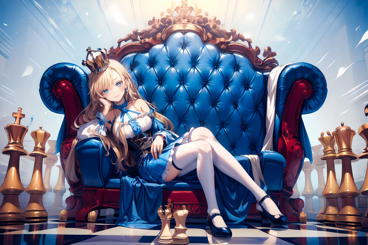 ultra detailed, masterpiece, best quality, perspective, solo, soft smile, light smile, head tilt, sitting, head on hand, head rest, queen, mini crown, throne, throne room, leaning to the side,
1girl, blue eyes, very long hair, blonde hair, long blonde hair, french braid, bangs, medium breasts,
hair ribbon, frilled choker, criss-cross halter, sleeveless dress, high-waist skirt, backless dress, waist bow, detached sleeves, frilled sleeves, wide sleeves, pantyhose, patterned legwear, mary janes,
(white and blue theme:1.35), <lora:chess_20231101021259:0.6> checkered floor, chess, chess piece, <lora:fishine:0.45> <lora:colored_eyelashes000:1> COLORED EYELASHES, yellow eyelashes, <lora:GoodHands-vanilla:1.5> nice hands, perfect hands, <lora:translucentfronthair2:1> <lora:add_detail:1>