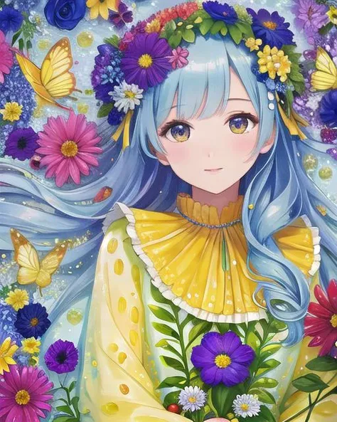 fruit and flowers girl, flowers in hair, huge gorgeous flowers, (dew droplets)1.2, flowers covered in dew, luscious fruit, yellow purple green and blue, colorful, insanely detailed dress, patterned dress, big butterfly, masterpiece, 8k, highest quality, trending on artstation, watercolor