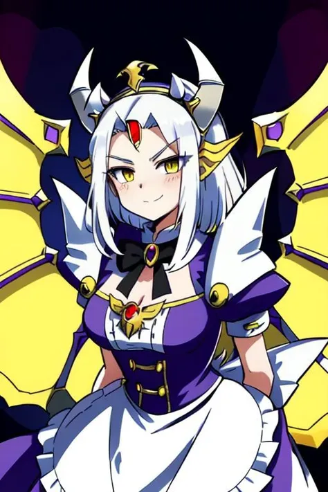 1girl,solo,portrait of a dorugoramon maid,dorugoramon wings,dorugoramon horns,dress,maid headdress,yellow eyes,dragon wings,tail,anime style,smug,cute,forehead jewel,vivid detail,cropped