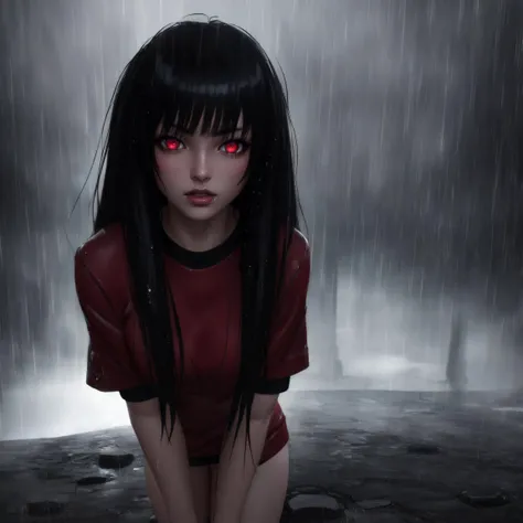 8k Physically based render, masterpiece Concept art, surreal, High exposure of a Wet Melancholy ("Emo Girl":1.2), Red pupils, Thunderstorm, shallow depth of field, Direct light, Concept artist, starlight, HDR, High quality, (art by Bruce Timm:0.9)