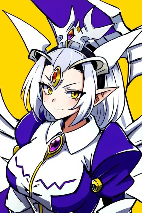 1girl,solo,portrait of a dorugoramon maid,dorugoramon wings,dorugoramon horns,dress,maid headdress,yellow eyes,dragon wings,tail,anime style,smug,cute,forehead jewel,vivid detail,cropped