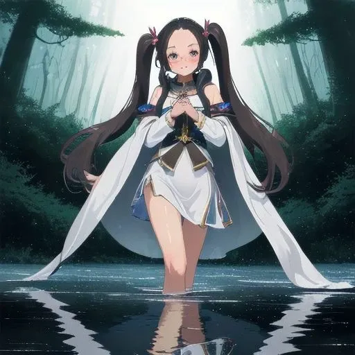 onech, 1girl, long flowing hair, smirking, blush, twin tails, jewelry, hooded cloak, mystical forest, crystal clear water, reflection in water, lightning, rain