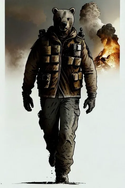 Cinematic still of gray bear wearing a bulletproof vest and tactical gloves, carrying a realistic weapon, running away in a city on fire. Debris from explosion in the foreground, helicopters flying in the horizon. Deep depth of field, vignette, highly detailed, high budget, bokeh, Cinemascope, moody, epic, film grain, grainy. movie poster style, ((BOOM))((RED))