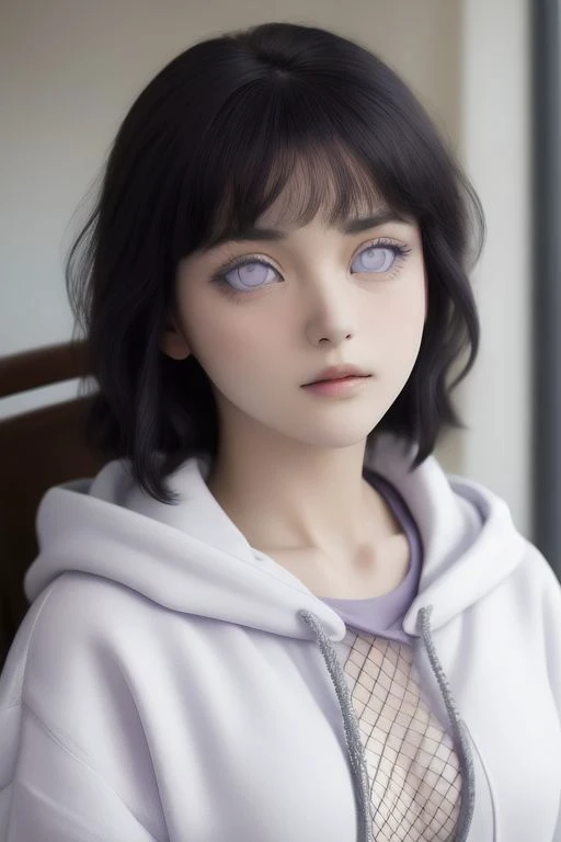 masterpiece, (photorealistic:1.4), best quality, beautiful lighting, hinata, HinataNS, solo, looking at viewer, short black hair, blunt bangs, purple hoodie, sitting on chair, indoors, pov, white shorts, RAW photo, 8k uhd, detailed face, detailed eyes, film grain, fishnet, fishnet top, medium breast, cleveage, cute, 1girl, no pupils, mix4, white eyes, full body, closeup