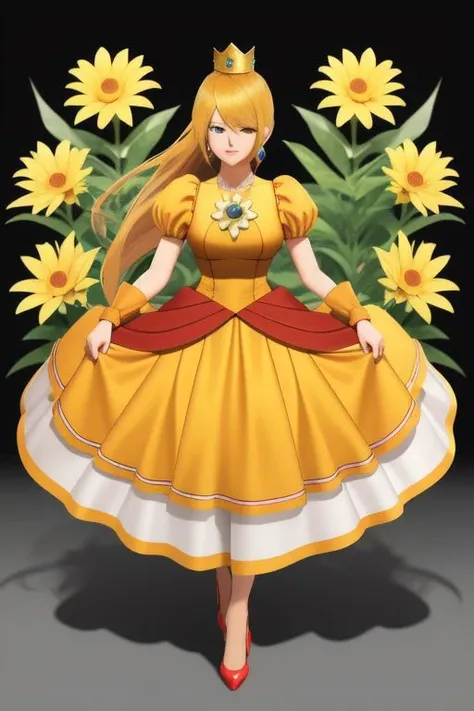 professional detailed (full body) photo, (samus aran) dressed in (puffy yellow and orange daisydress), (long straight blonde hair), (puffy short sleeves, jewelry, dress, princess crown, flower brooch), masterpiece, best quality, 1girl, (perfect face, beautiful face, symmetric face),
(8k, RAW photo, photo-realistic, masterpiece, best quality, absurdres, incredibly absurdres, huge filesize, extremely detailed, High quality texture, physically-based rendering, Ray tracing)