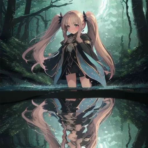 onech, 1girl, long flowing hair, smirking, blush, twin tails, jewelry, hooded cloak, mystical forest, crystal clear water, reflection in water, lightning, rain