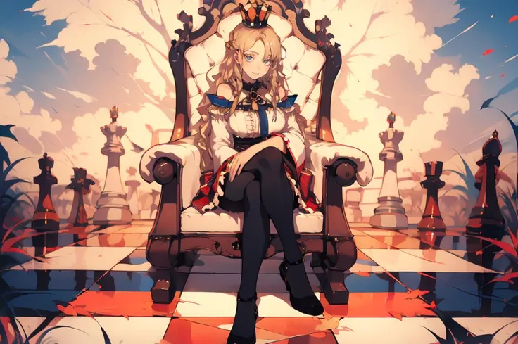 ultra detailed, masterpiece, best quality, solo, soft smile, light smile, head tilt, sitting, hugging own legs, queen, mini crown, throne, throne room, leaning to the side,
1girl, blue eyes, very long hair, blonde hair, long blonde hair, french braid, bangs, medium breasts,
hair ribbon, frilled choker, criss-cross halter, sleeveless dress, high-waist skirt, backless dress, waist bow, detached sleeves, frilled sleeves, wide sleeves, pantyhose, patterned legwear, mary janes,
(blue theme:1.3), <lora:chess_20231101021259:1> <lora:fishine:1> <lora:colored_eyelashes000:1> COLORED EYELASHES, yellow eyelashes,