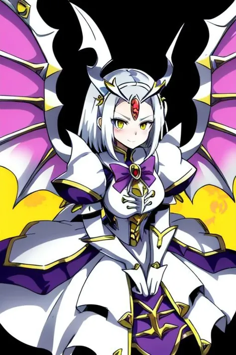 1girl,solo,portrait of a dorugoramon maid,dorugoramon wings,dorugoramon horns,dress,maid headdress,yellow eyes,dragon wings,tail,anime style,smug,cute,forehead jewel,vivid detail,cropped