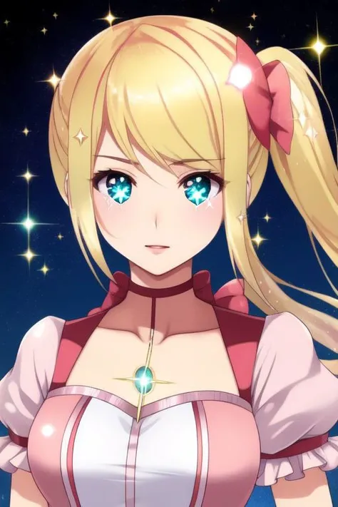 (samus aran) dressed in (puffy pink gleaming kanamemadokaoutfit), (blonde girly twintails), magical girl, masterpiece, best quality, (perfect face, beautiful face, symmetric face), (sparkles, sparkling hair, sparkling clothes, sparkles around face:1.3), (shiny glossy translucent clothing:1.1)