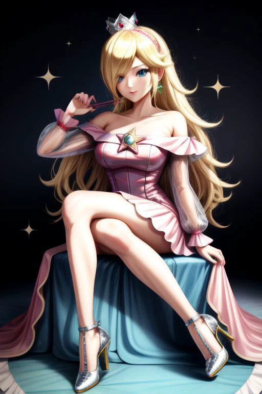 professional detailed photo, (samus aran:1.2) dressed in (latex (Rosalina off-the-shoulder pink dress:1.2), (long straight blonde hair), (jewelry, pink off-the-shoulder dress, princess crown, jewel brooch, long wide sleeves), (perfect face, beautiful face, symmetric face), (shiny glossy translucent clothing, gleaming oily latex fabric :1.1), (sparkles, sparkling hair, sparkling clothes, sparkles around face:1.3), (high heels, sitting, shoes focus),
(8k, RAW photo, photo-realistic, masterpiece, best quality, absurdres, incredibly absurdres, huge filesize, extremely detailed, High quality texture, physically-based rendering, Ray tracing)