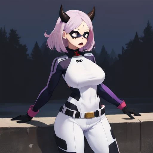 <lora:MountLadyMyHeroAcademia0:0.7> (masterpiece), highres, highly detailed, soft lighting, 1girl, mount lady [my hero academia], domino mask, bodysuit, purple gloves, white sleeves, purple boots, purple eyes, thin horns, surprised expression,outdoors, standing, cowboy shot 
 <lora:Breast_Expansion:0.7> BETorn
 <lora:excessive_lactation:0.7> lactation
