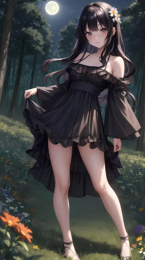 (masterpiece, top quality, best quality, ultra high res, anime style), 1girl, Asian, Japanese, freckles, medium length black wavy hair, small breasts, black silk dress, full body, forest, flower meadow, looking at viewer, moon, night, dark photo, blurry background, fcDetailPortrait