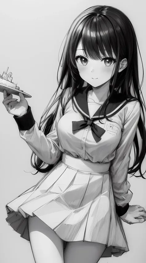 (masterpiece, top quality, best quality, ultra high res, manga style, sketch, hand drawn, black and white), girl, school uniform, holding a cake,