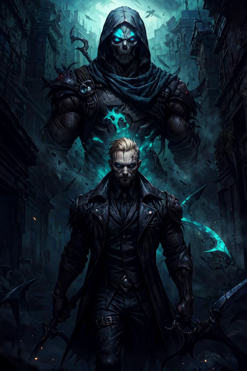 (best quality, masterpiece:1.2), 8k detailed cgi render, thick outlines, strong shadows, <lora:add_detail:0.75>,
(1man, masculine adult french male:1.2), turquoise eyes, dark blonde hair, medium hair,
portrait, solo, upper body, looking at viewer, detailed background, detailed face, (<lora:postapocalypseAI:0.4>, postapoAI, post-apocalyptic theme:1.1) otherworldly glowing eyes, emissary of death, dark clothes, dynamic pose, reaper, omen, scythe, death, floating particles, dark shadows, crypt in background, wind, mysterious lighting, sinister dark atmosphere,
<lora:LOL:0.5>,