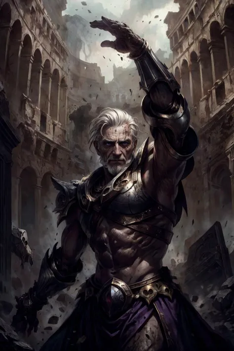 (masterpiece, best quality), photorealistic rendering, <lora:add_detail:1>
(1man, wrinkled face, old czech male:1.2), wise, ruby eyes, white hair, french crop,
solo, upper body, looking down, detailed background, detailed face, (<lora:EntropyMagic:0.6> fantasy, decay, entropymagic theme:1.1), gladiator, myrmidon, fighting stance, ferocious expression, net, purple gladiator armor, shoulder armor, colosseum in background, (crowd cheering in background:0.7), dirt, legendary gladiatorial atmosphere,
<lora:LOL:0.5>,