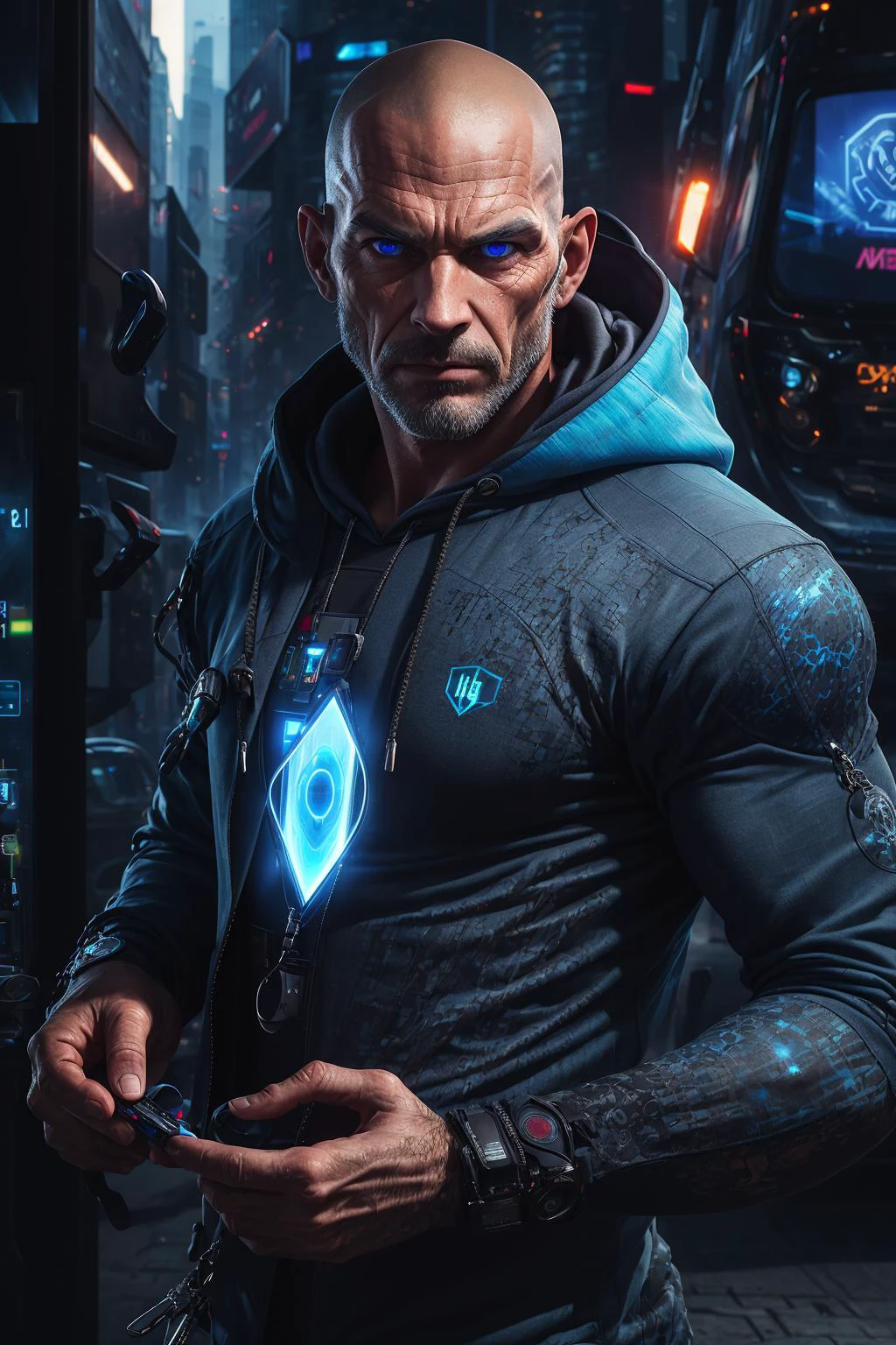 photorealistic, 35mm, intricate details, hdr, intricate details, hyperdetailed, natural skin texture, hyperrealism, sharp,
(1man, masculine adult czech male:1.2), grey-blue eyes, chestnut hair, shaved head,
portrait, looking at viewer, solo, half shot, detailed background, detailed face, (watchdogs theme:1.1) evil high-tech futuristic hacker, advanced technology, hoodie, techwear, wearable device, keycard, blue (holographic display:1.05), unauthorized, computer, artificial intelligence, hacker van in background, espionage, dark sinister atmosphere,
<lora:LOL:0.5>,