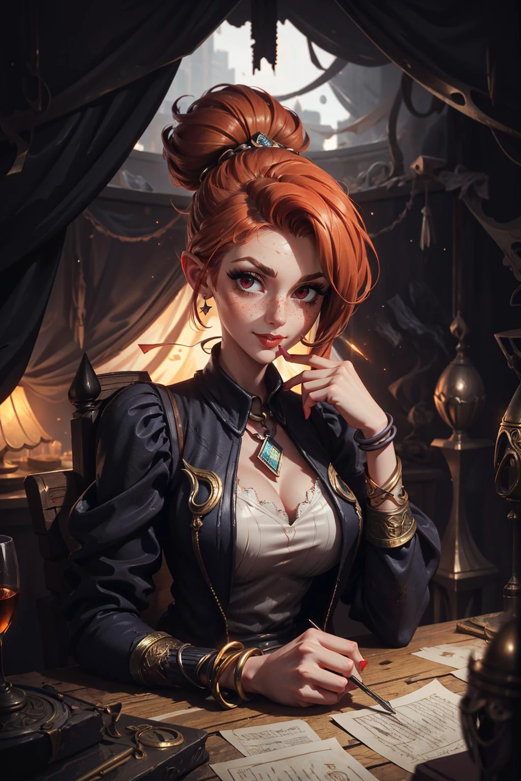 <lora:add_detail_v5:0.75>, <lora:stylesqueeze_v1b:1.0>, <lora:anime3d:0.5>, <lora:sharpen-soften:-0.5>,
1 girl, adult (elven:0.7) woman, freckles, red eyes, ginger updo hairstyle,
portrait, looking at viewer, solo, upper body, detailed background, close up, ( 1920s art deco theme:1.1), fortune teller, charlatan, sinister smile, foreboding, sitting at table, colorful fortune teller clothes, striped clothes, large bracelet, amulet, chalice, horoscope, (melted candles on table:0.8), medieval (tent interior:1.1) background, tent curtains in background, dark mysterious lighting, shadows, magical atmosphere,
<lora:LOL:0.5>,