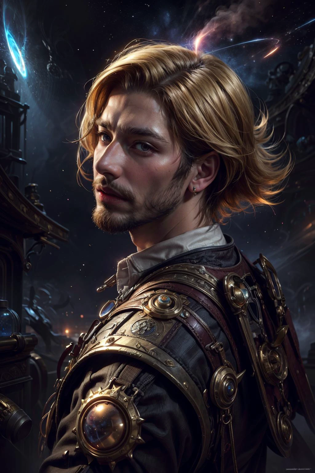 best quality, masterpiece, ultra high res, (photorealistic:1.4), raw photo, <lora:add_detail:1>
(1man, masculine adult spanish male:1.2), ruby eyes, blonde hair, short back and sides,
portrait, solo, (full body:0.6), looking at viewer, detailed background, detailed face, (<lora:PunkBundleAI:0.4>, steampunkai, steampunk theme:1.1) living star constellation, star sign, horoscope, benign, pisces, symbolism, celestial , stars, bright colorful lights, aura, cosmic dust, backlighting, cosmic space background, surreal esoteric atmosphere,
<lora:LOL:0.5>,