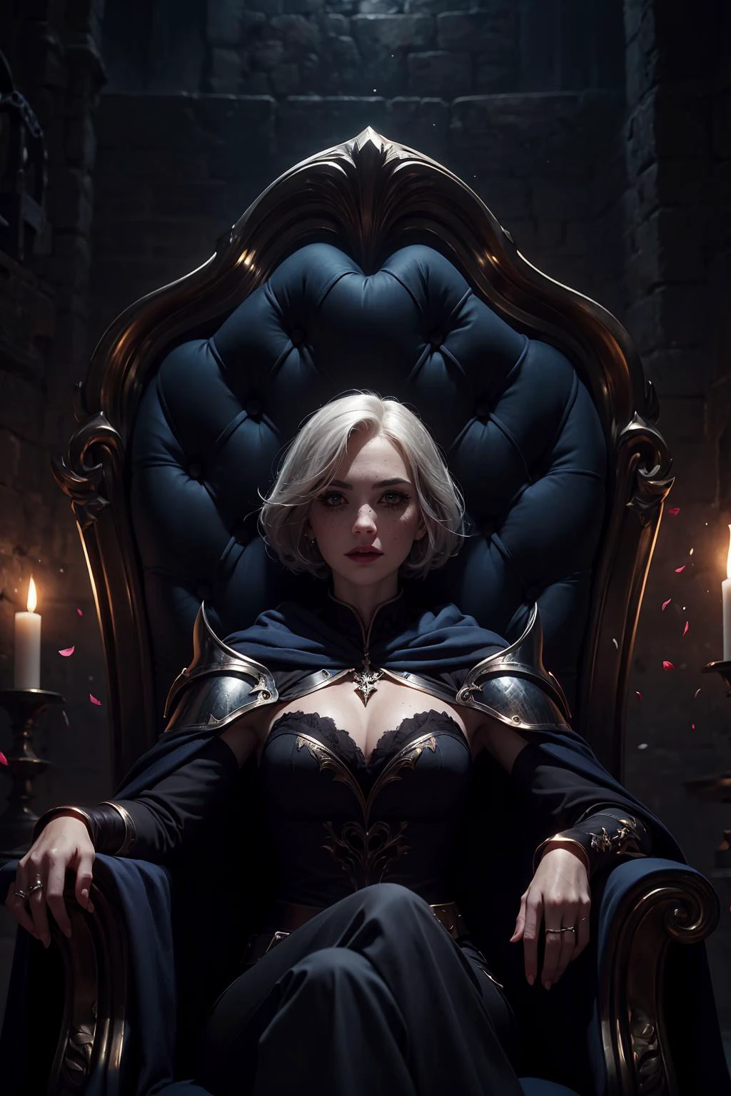 1 girl, adult woman, freckles, ruby eyes, silver short hair,
portrait, character focus, looking up, solo, (full body:0.7), detailed background, detailed face, (evil dark medieval fantasy theme:1.1), royal ruler, floating particles, rose petals, sitting on throne, soft smile, royal bedroom background, symmetrical composition, sidelighting, cinematic atmosphere, long dark blue cape,
<lora:LOL:0.5>,