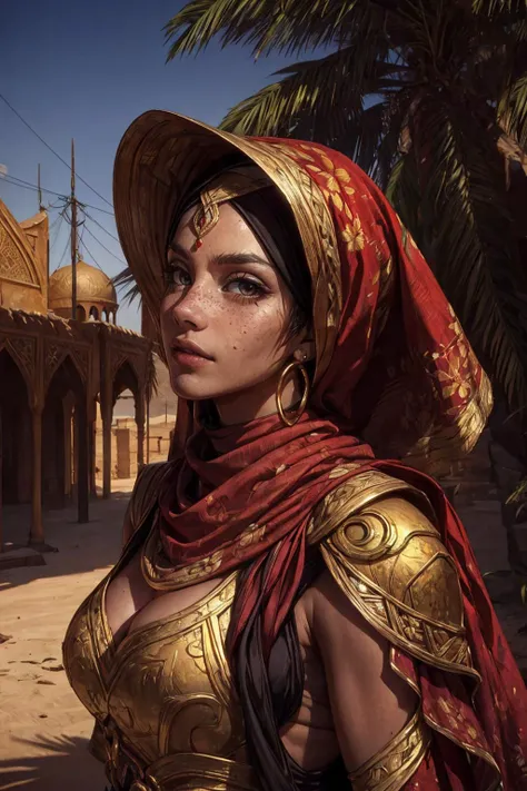 (best quality, masterpiece:1.2), 8k detailed cgi render, thick outlines, strong shadows, <lora:add_detail:0.75>,
1 girl, adult polish woman, freckles, hazel eyes, brown prom hairstyle,
portrait, solo, upper body, looking up, detailed background, detailed face, (islamic persian theme:1.1) middle-eastern desert warrior, orange mongolian armor, elegant fabrics, shawl, floral motifs smirk, north-african culture, oasis with palm trees in background, wind blowing, sunshine, cinematic atmosphere,
<lora:LOL:0.5>,