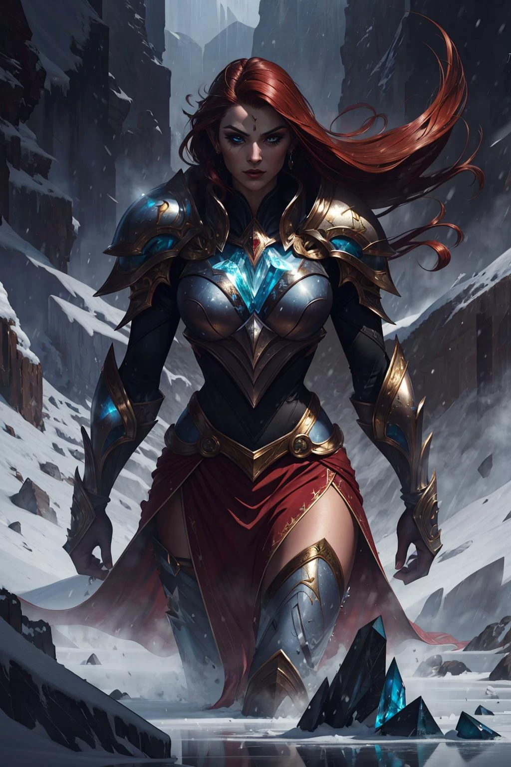colorful, hyper detail, dramatic light, intricate details, best quality, (extremely detailed CG unity 8k wallpaper, masterpiece, best quality, ultra-detailed, best shadow),
1 girl, adult (elven:0.7) woman, jade eyes, dark red textured hair,
portrait, solo, half shot, detailed background, detailed face, (high fantasy medieval theme:1.1), blue winter warrior, stern expression, paladin, dynamic pose, (crystalline ice armor:1.05), surrounded by magical aura, floating ice shards, ice crystals, arctic winter, icy background, crystal landscape in background cinematic atmosphere,
<lora:LOL:0.5>,