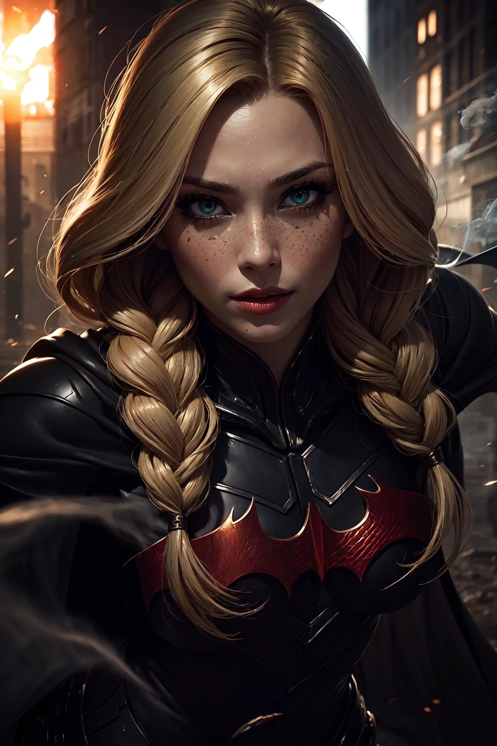 1 girl, adult (elven:0.7) woman, freckles, jade eyes, light blonde fishtail braid,
portrait, looking at viewer, solo, (full body:0.6), detailed background, close up, focusing, fighting stance, batman outfit, cape, urban battle scene, concrete, smoke, battle scene, majestic atmosphere,
<lora:LOL:0.5>,