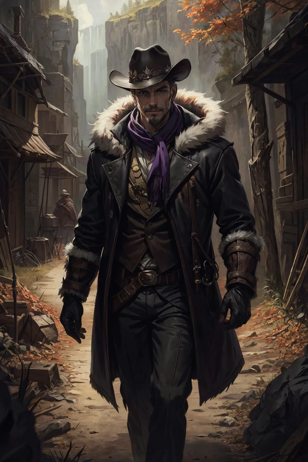(masterpiece, best quality), aesthetic illustration, stylized digital art, abstract and colorful paint style, <lora:add_detail_v5:1>
(1man, thin adult male:1.2), purple eyes, black hair, fade with goatee,
solo, (full body:0.6), looking at viewer, detailed background, detailed face, (frontier western theme:1.1), trapper, trapmaker, smirk, dark fur lined leather clothing, belt, coat, gloves, rugged, trappers hat, scarf, walking, snare, net, pelts, hides, campsite background, fallen leaves, fantasy frontier cinematic atmosphere,
<lora:LOL:0.5>,