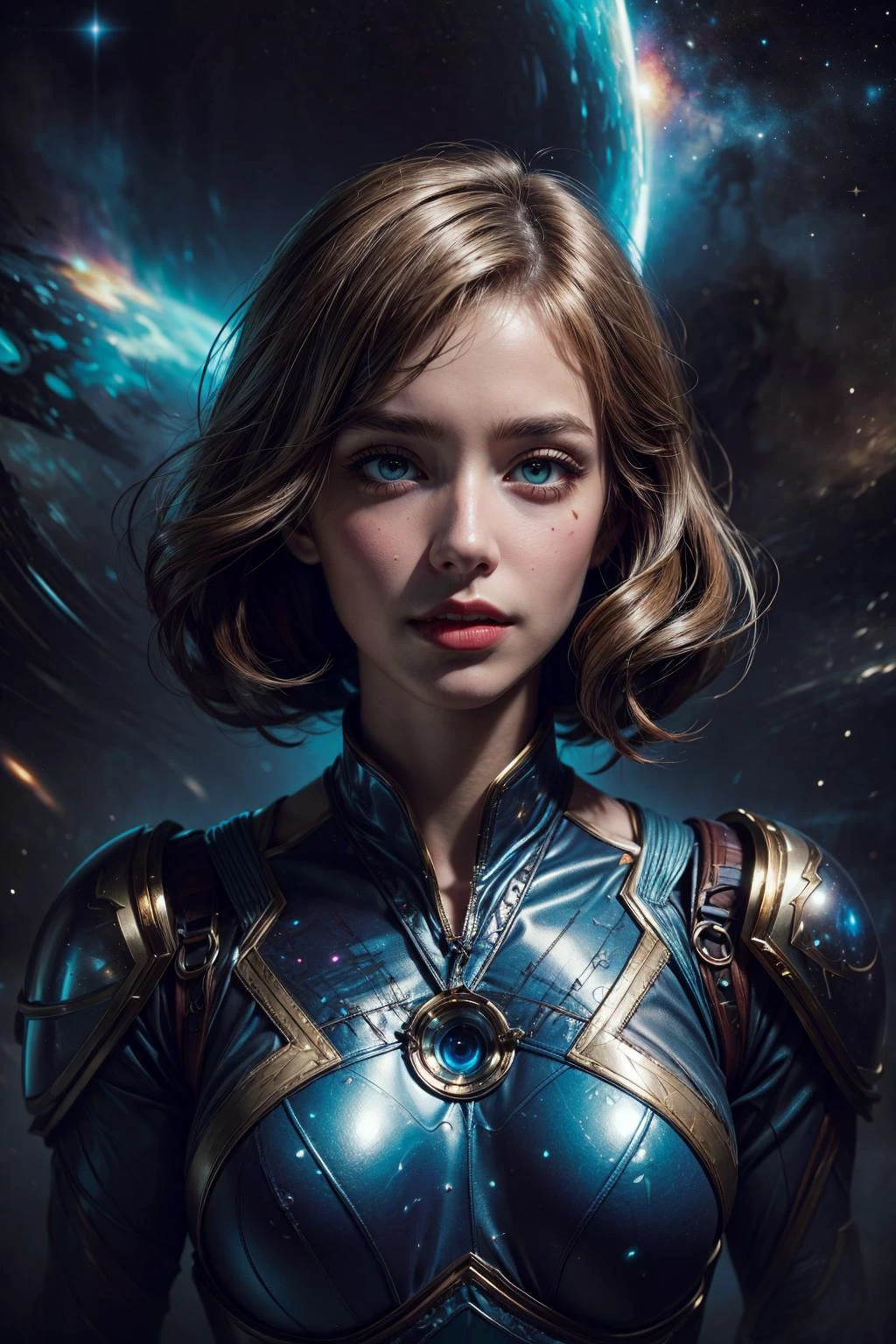 best quality, masterpiece, ultra high res, (photorealistic:1.4), raw photo, <lora:add_detail:1>
1 girl, adult woman, hazel eyes, light brown shaggy hair,
portrait, solo, (full body:0.6), looking at viewer, detailed background, detailed face, (<lora:RetroFuturismAI:0.6>, RetroFuturismAI, retro-futurism theme:1.1) (glowing eyes:1.05), living star constellation, zodiac, pisces, esoteric symbolism, celestial power, nebula, bright lights, cosmic light, shine, symmetry, cosmic space background, ethereal atmosphere,
<lora:LOL:0.5>,