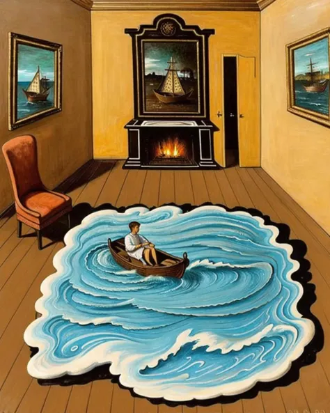 1boy, sitting, white shirt, male focus, indoors, water, window, ocean, chair, traditional media, parody, table, scenery, partially submerged, reflection, wooden floor, door, painting (medium), watercraft, photo (object), house, ship, picture frame, waves, boat, painting (object), surreal, carpet, faux traditional media, fine art parody, picture (object), rug, fireplace, portrait (object), Chirico <lora:Chirico_v2:0.7>