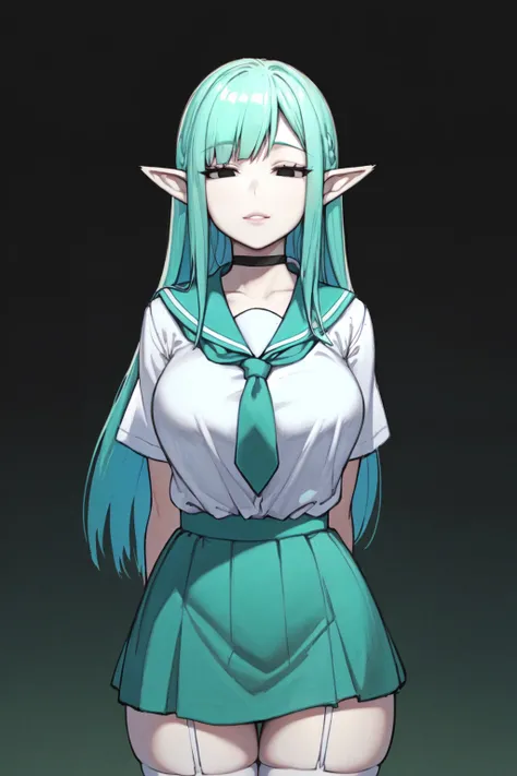 best quality, masterpiece, detailed background, highly detailed, intricate, detailed face, long eyelashes, detailed eyes, (standing:1.1), (thick thighs:1.0), (large breasts:1.1), (pitch black background:1.3),
(one girl:1.2), (1girl:1.1), (solo:1.4), (black eyes:1.3), (aqua hair:1.3), (long hair, straight hair:1.2), (blunt bants:1.3), (thick lips:1.3), (pointy ears:1.2), (black choker:1.1), (pale skin:1.0),
(school uniform, serafuku:1.1), (aqua skirt:1.3), (aqua tie, white shirt:1.3), (white thighhighs:1.2), (white garter belt:1.1), (aqua nails:1.2), (thigh gap:1.4),
(light smile:1.1), (half-closed eyes:1.3), (empty eyes:1.3), <lora:ChelodoyStyle-V1R1-Fixed-8:1>