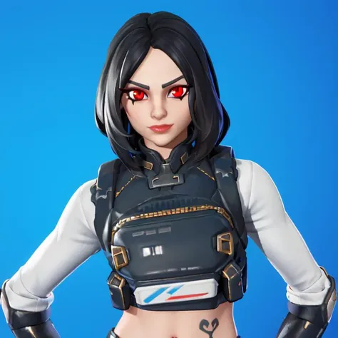 <lora:FortSketcherAlpha:0.8> , 1girl, female, black hair, blue background, red eyes, pupil, looking at viewer, piercing, tattoo, fortnite, navel