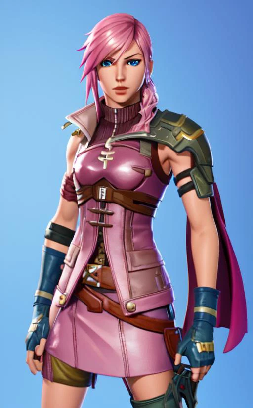 Fortnite, lightning farron, sleeveless, shoulder armor, cape, skirt, fingerless gloves, pink hair, aqua eyes, holding weapon, gunblade, blue background <lora:FortSketcherAlpha:.7> <lora:ffxiii_lightning-10:1>