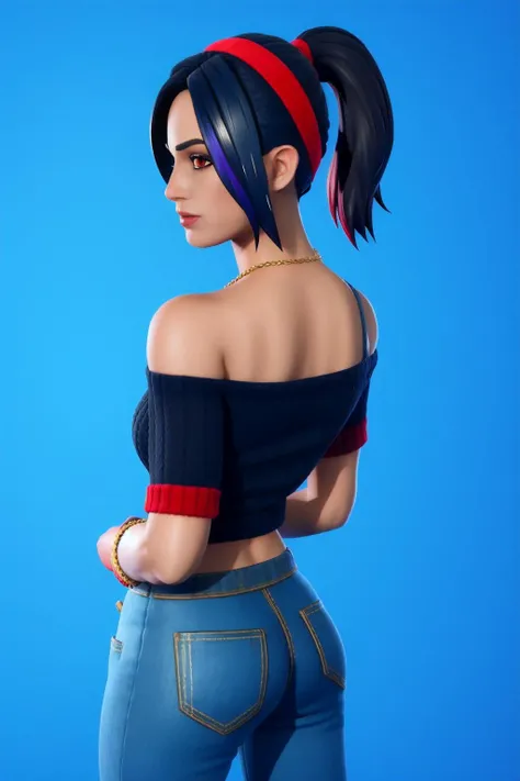 <lora:FortSketcherAlpha:0.8>, <lora:yor4:0.8>, unparalleled masterpiece, ultra realistic 8k CG, perfect artwork, ((perfect female figure)), upper body, yor, 1girl, solo, off-shoulder sweater, red sweater, collarbone, black hair, red eyes, pupil, black hair, short hair, short hair with long locks, bangs, sidelocks, white hairband, looking at viewer, simple background, arms behind back, blue background, fortnite