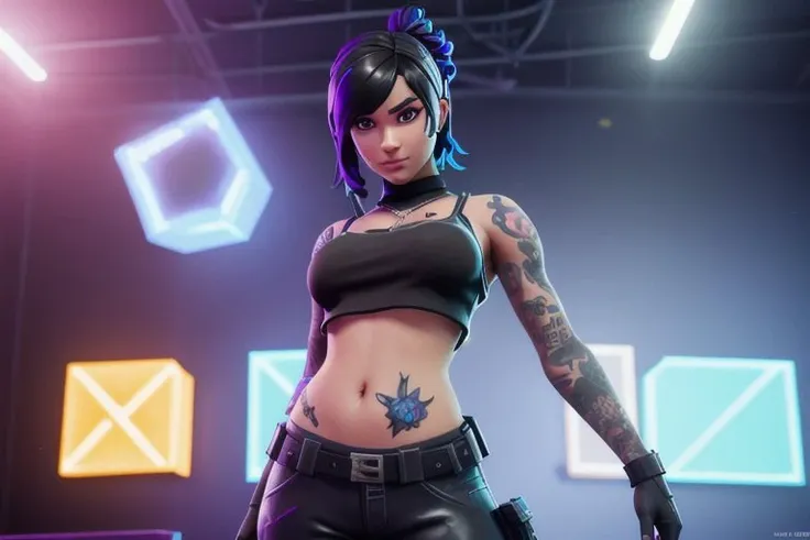 <lora:FortSketcherAlpha:0,8>
(fortnite), 1girl, female, black hair, blue background, red eyes, pupil, looking at viewer, piercing, tattoo, navel, epic realistic, hyperdetailed, (cycles render:1.3), caustics, (glossy:0.58), (artstation:0.82)
