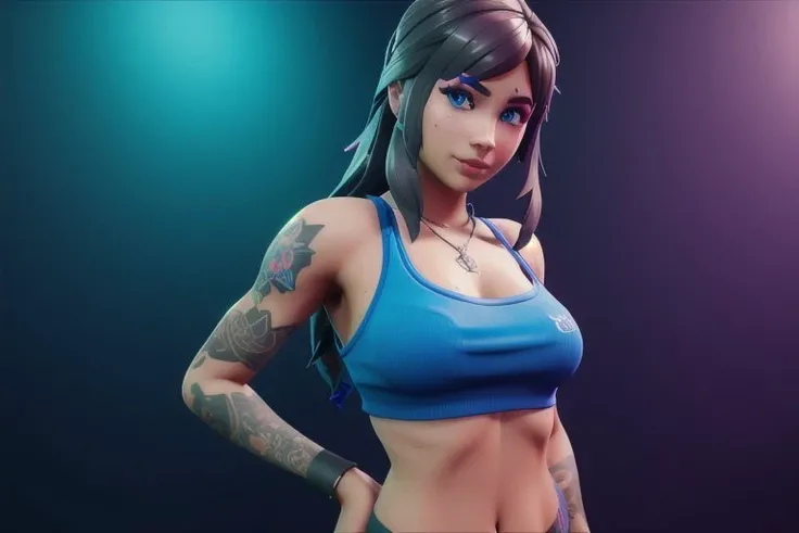 <lora:FortSketcherAlpha:0,8>
(fortnite), 1girl, female, blue background, pupil, looking at viewer, piercing, tattoo, navel, full body, epic realistic, hyperdetailed, (cycles render:1.3), caustics, (glossy:0.58), (artstation:0.82)